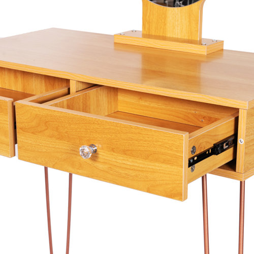 Mercer41 Damitrius Wooden Color Makeup Vanity Set with Silver Stool